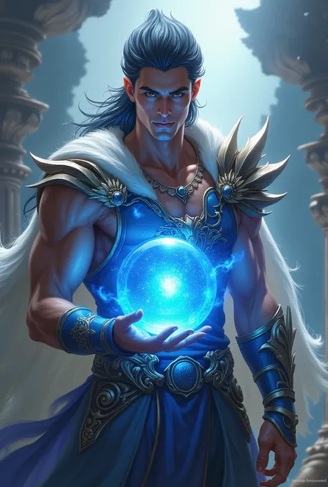 A male RPG character who is a demigod wielder who has a bracelet with a blue floating ball in the middle and a Demigod who merges with him upon his awakening.