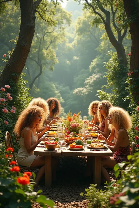 A table in the middle of nature with blonde and curly people in colorful clothes and with real flowers eating vegan and healthy banquets