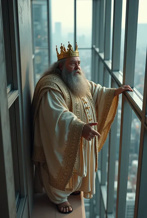 (photorealism:1.2), chubby king,with long hair,gold and crown,shol and pant, cleaning High rise building, outside window 