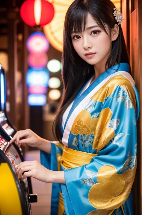 a cute asian girl playing a slot machine in a japanese cultural setting, beautiful detailed eyes, beautiful detailed lips, extremely detailed face, longeyelashes, elegant japanese kimono, taiko drums beats, white and yellow shirt, colorful japanese scenery...