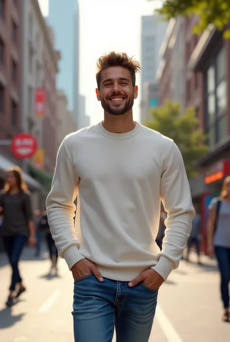 Un jeune homme de 30 ans dans la rue habiller d un tricot blanc et jean bleu 