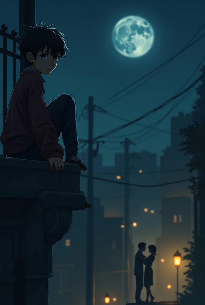 Create a boy watching a couple from above and it&#39;s night time