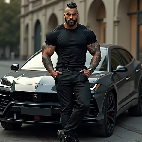 
Muscular French guy with a strong jawline, green eyes, tan skin, well-groomed beard, tattooed bodybuilder, wearing black pants, Alexander McQueen sneakers, black short-sleeved t-shirt, tattoo on his neck, faded shaved hair, thick lips, raised eyebrow, mea...