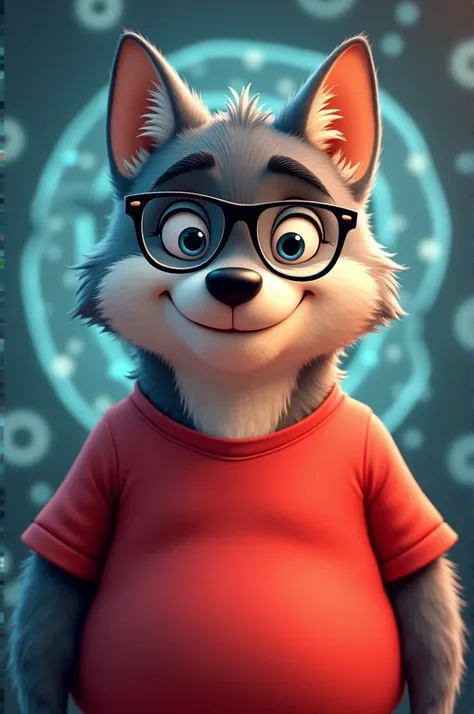 Animated chubby wolf with glasses with a histology background wearing a red t-shirt 