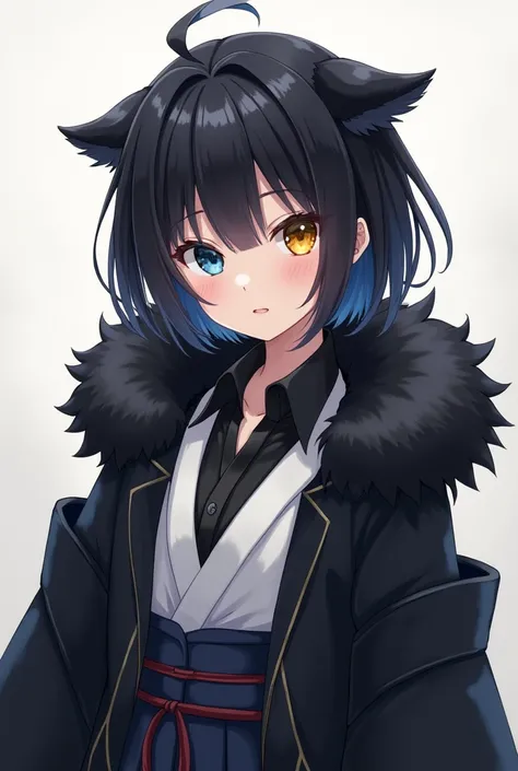 anime girl,black fur,and short,one left eye is a strong blue and the other is a strong yellow, The girl has a black shirt and a white haoi underneath and black on top.,yes formal black shirt