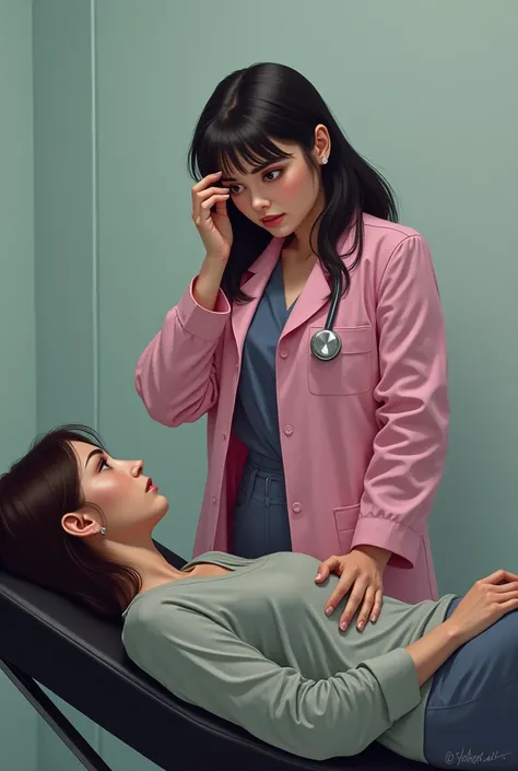 A somewhat overweight white woman in a pink lab coat , fidgeting with her eyelashes a brunette woman who is lying on the black stretcher 