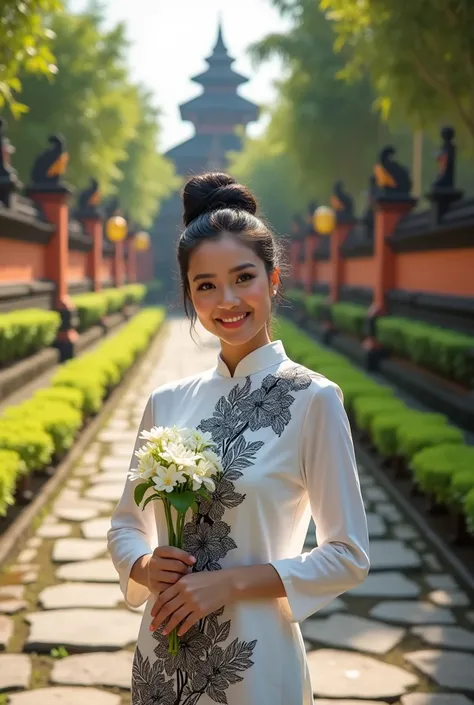 Close up view,Stylish photography,Beautiful Sundanese woman,black hair in a bun Bun up,Wearing an elegant white Sundanese traditional batik kebaya with black batik cloth,standing gracefully in the middle of a rocky path with flower gardens and lush bamboo ...