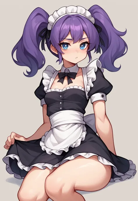 1 woman, mide 138 cm (46") Tall, and weighs 44 kg (97 pounds), She has small breasts and small but fit thighs., She has purple hair and blue eyes, She mostly keeps her hair down, but still has two small ponytails on each side, She wears European maid cloth...