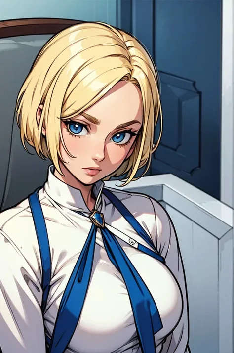  blonde with short hair, blue colored eyes, wearing a white regatta, neckleace