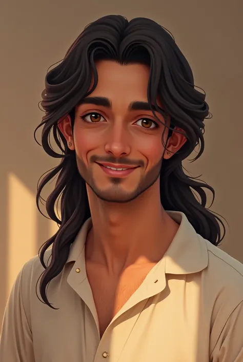 White arab soft looking guy smiling with long hair but tied on outer part. The inner part of hair let loose
