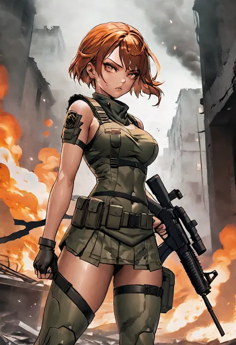 A fierce female Army Soldier clad in a sleek, sexy yet tactical revealing army uniform, gripping an assault rifle with determination, as a storm of fire and explosions rage around her. Flames and smoke twist through the air as she stands amidst the chaos, ...