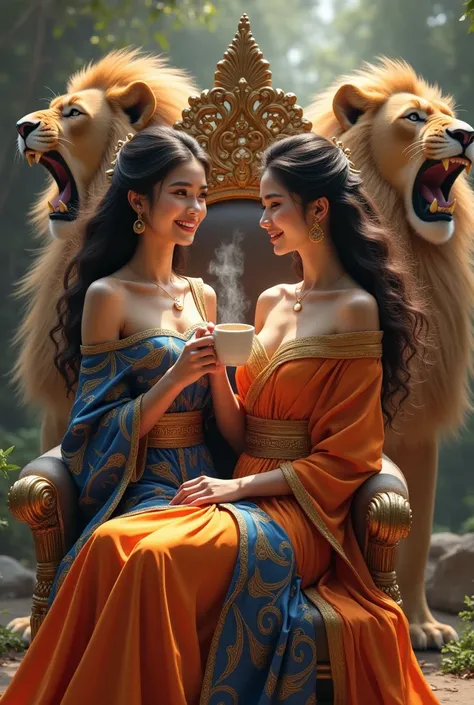 A 2 woman with flowing hair, a sweet smile, beautiful and elegant in ancient Thai clothing, sitting holding a cup of hot coffee on a luxurious throne, with two lions roaring majestically beside her and the composition of beautiful lions roaring in the back...