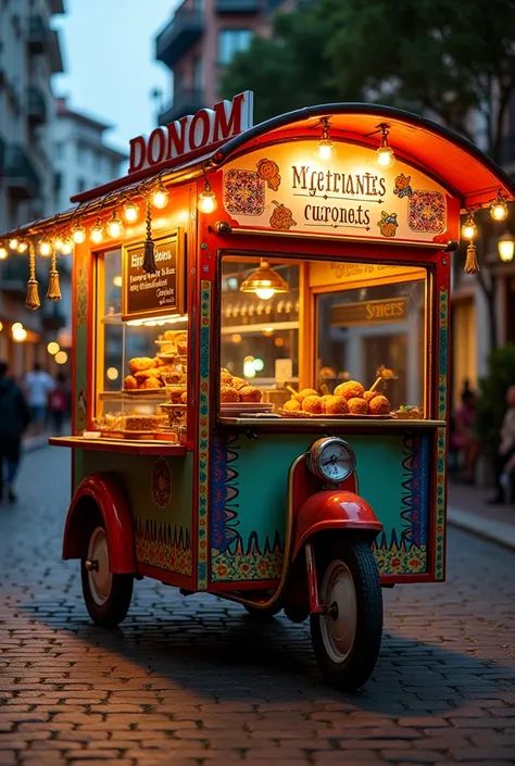 A well-equipped and illuminated food bike for the sale of picarones cinnamon rolls and donuts in lima.  Show me what it would be like inside