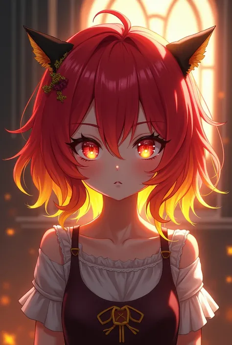 Anime girl with red hair and red eyes with yellow tips and red eye with yellow