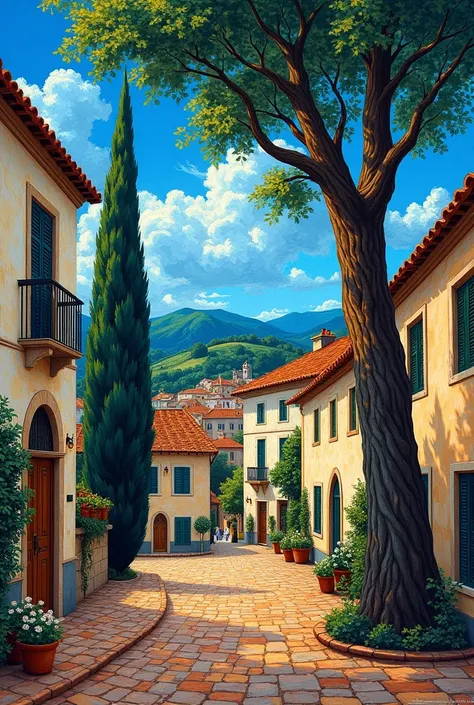 Landscape painting Van Gogh style Tile art style Old townscape and tall trees