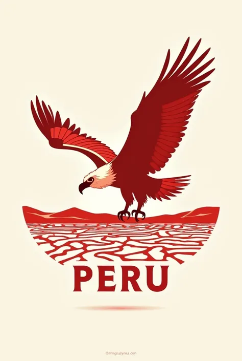 Create a red and white silhouette logo of an Andean condor with open wings flying over the Nazca lines that say Peru