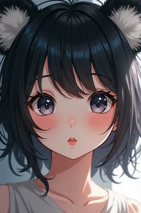 Anime girl with white skin black hair panda ears black eyes 