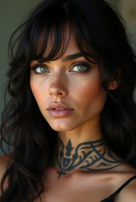 A woman of Native American and American descent with green eyes, with bangs loose hair and neck tattoo 