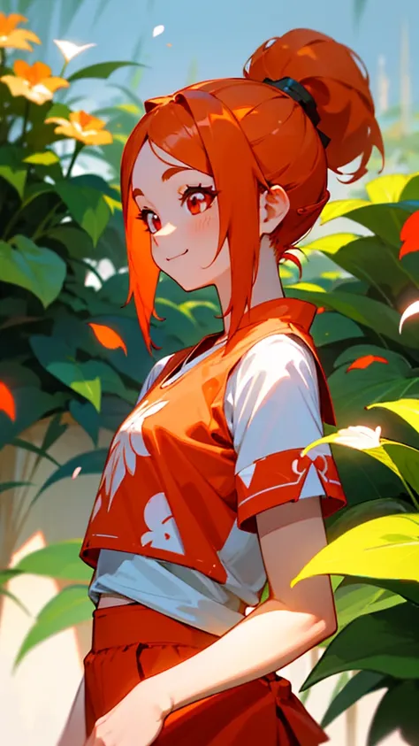 1 girl、Orange Hair、ponytail、Beautiful red eyes、Shrimp incarnation、smile、White T-shirt with ethnic pattern、Shorts、The background is a garden with scattered flower petals.、Soft lighting、From the side、Upper body close-up