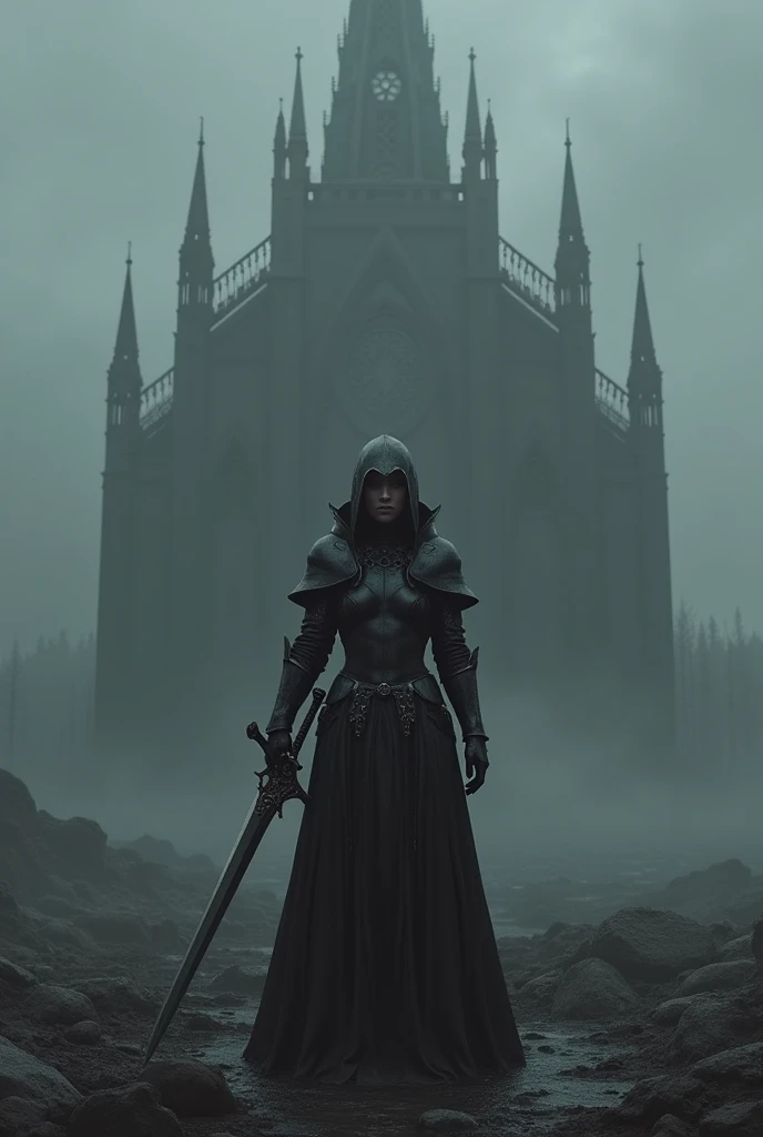 A desolate wasteland, a thick dark fog and a black cathedral in the background, a female figure wearing black plate armor without shoulder pads or full body cape, black greaves, black metal gloves, without any kind of cloth clothing, holding a huge silver ...