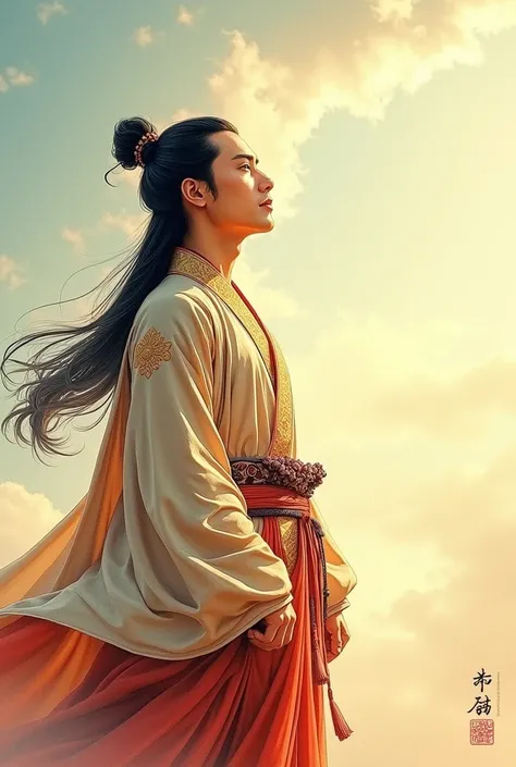 Art drawing of a man wearing ancient Vietnamese clothing with long hair in a half bun, stand facing left and looking up at the sunny sky
