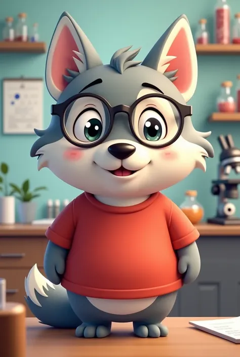 Cute animated chubby wolf with reading glasses with a histology background wearing a red t-shirt 