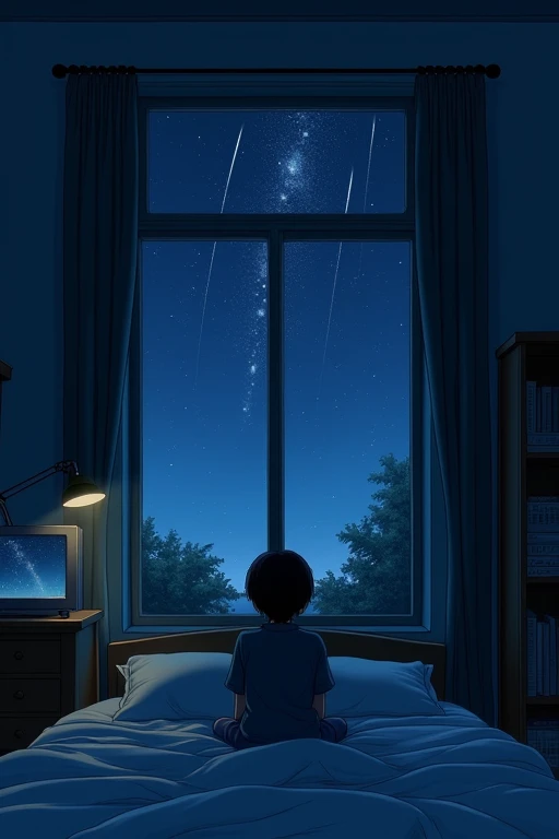 At night, a person is sitting on a bed in a dark room, looking lonely out the window at the starry sky.。　Emotional music is coming from the record　Japanese illustration style　Stylish desk　A stylish shelf　There is a CRT TV in the room　The TV is on
　Shooting...