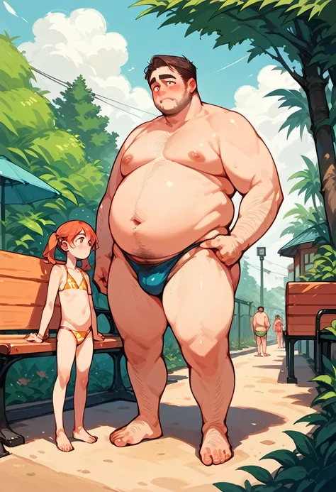 masterpiece, (Age difference, Size Difference, Man standing behind, Father and daughter), One , Twin tails,Swimwear, , whole body, blush,Physical Difference, sunny, bench, Outdoor,Hairy, obese, shirtless man,Thong