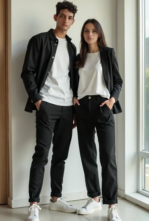 a man and woman in black pants and white sneakers posing for a picture, casual modern clothing, tall and slim, modern casual clothing, office clothes, casual clothing style, couple pose, slim and tall, ad image, work clothes, casual clothing, formal attire...