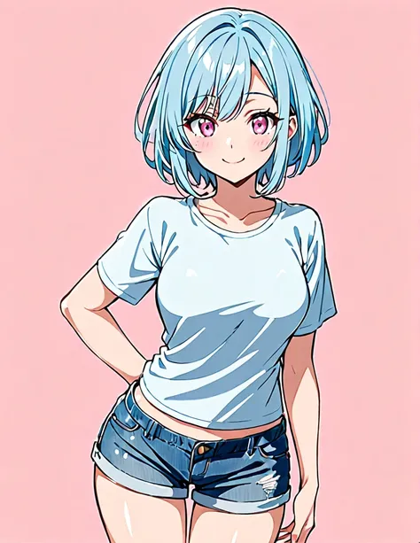 Short light blue hair, slanted eyes, medium breasts、Wearing shorts、Pink eyes,Simple Background, Standing、smile, adult