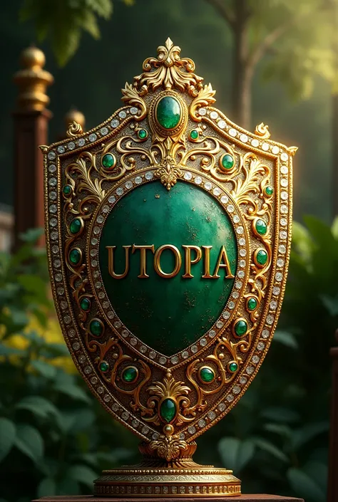 Elegant and beautiful shield in gold, emeralds, rubies,  and diamonds of horse riding school, that carries and stands out the name of the UTOPIA team, and take a flood image to horse school, name UTOPIA allusion to horses