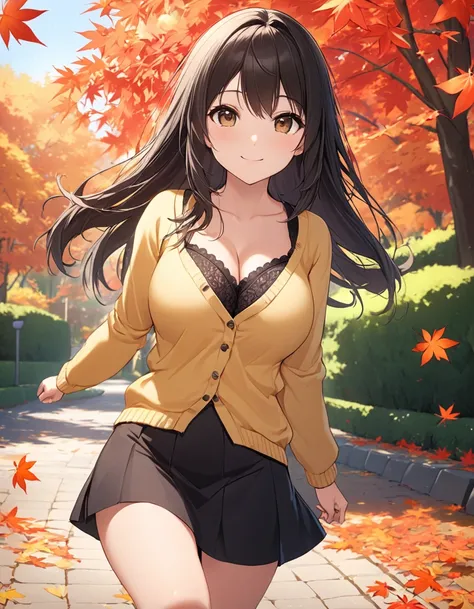 4k, bestquality, detailed, detailed scenery, detailed eyes, 1Girl, cute, adorable, straight hair, long hair, black hair, brown eyes, cleavage, smiling, looking at the camera, standing, background of  maple leaves, blouse, yellow cardigan, mini skirt, (walk...