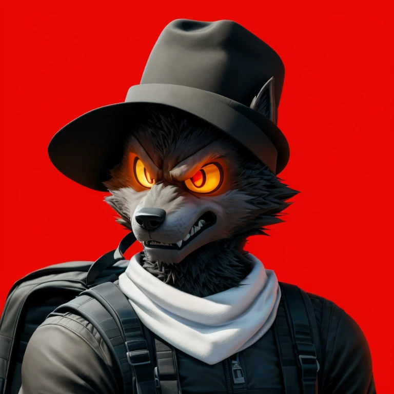 Black furry male anthro wolf, detailed head face, wearing hat, wearing white scarf, angry expression, wearing black jacket, wearing backpack on the back, hd quality, perfect ultra high graphic resolution upscale, 4k quality