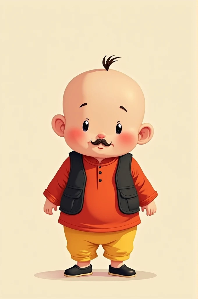 fatty cartoon boy who wears red Kurti yellow simple pajama in his skinny legs,black simple shoes, bald head but hairs in both sids and mustaches little and black little black vest in red shirt cartoon animated cute maximum hight 