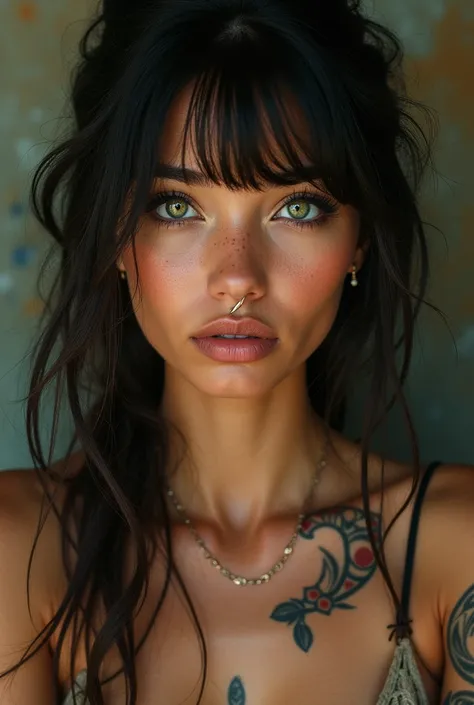 A woman of Native American and American descent with green eyes, with bangs loose hair and neck tattoo, some more tattoos, on the clavicle, piercing on the face, slightly more slanted eyes