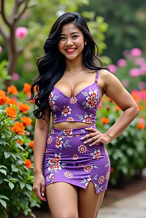 A real beautiful smiling pilipina slightly  chubby young woman, wearing purple floral spagetti strap fitted shirt and skirt above the knee with slit,red highhells, long black wavy straight hair, standing on the garden,with flowers besides background, 