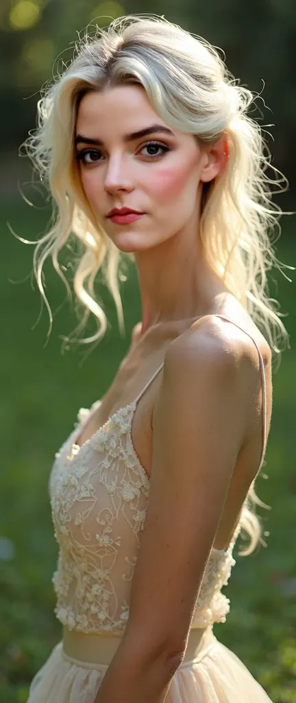 Anya Taylor-Joy in a dress，Platinum blonde hair，Sexy，grace，She looked at the camera with a gentle smile，Half-length photo，photo shoot, Garden Background，light，Ian Hubert&#39;style