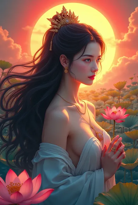 ((Top Quality)), ((Excellent)), ((Detailed), ((Uga Benzaiten)), ((Japanese God of Fortune who brings wealth)), Black hair, upper body, ((Lots of lotus flowers)),((Naked)), Upper body, Sunrise, ((Ultra-Realistic)), Stunning environment, Bright colors, Blue ...