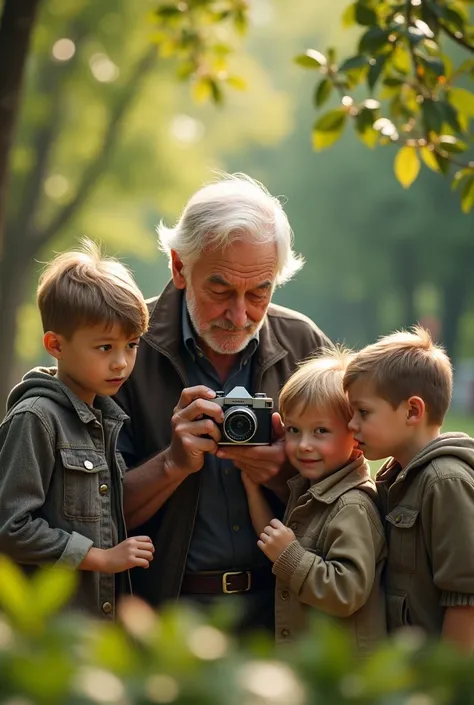 In Drawing man with old camera in hand, 4 cute kids, 4K