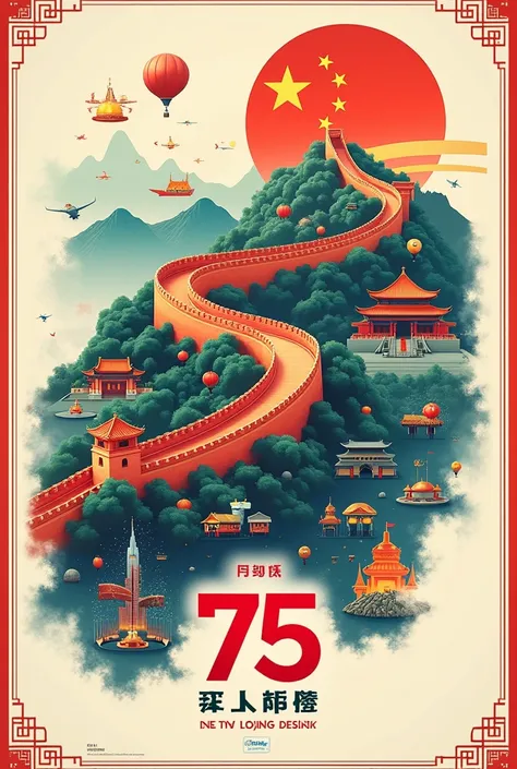 Draw a poster，The theme is to celebrate the 75th anniversary of the founding of New China，There is the Great Wall、Pictures，There is China Unicom&#39;s logo