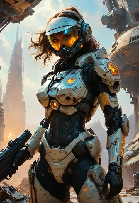 there is a woman holding a gun in front of a spaceship, ruined empire on the background, official character art, zombie from doom eternal, orianna, painting of c - 3 p 0, inspired by Sargent Johnson, heaven planet in background, juno promotional image, ful...