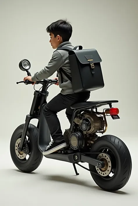 Image of a boy on a forward-facing e-scooter with a gasoline engine at the back, two wheels, one in front and one in the back, with a round lamp on the handlebars the vintage black skateboard,the boy short black hair and black beard, White skin color , and...