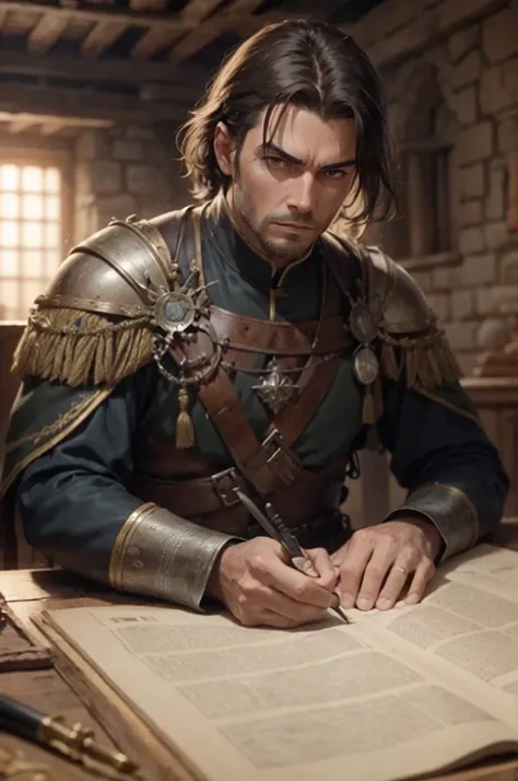 Create an image of a man in a medieval fortress command room, in a leadership and protective posture, surrounded by maps and strategic plans. The man should have short dark hair and a responsible expression. The environment should be imposing, with details...