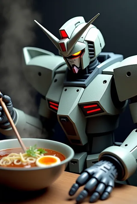 Ramen on the left、Gundam holding chopsticks in his right hand