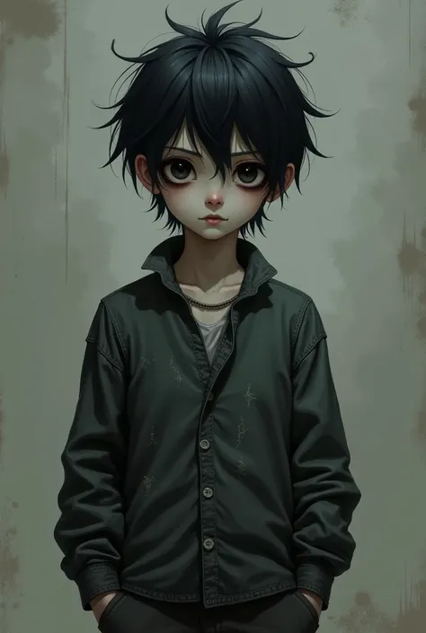 A pale boy with black eyes and deep circles under his eyes. Her hair is a deep black shade and is long and spiky.. He has both hands in his pockets and his face is melancholy., bored and empty. His clothes are stitched and dirty with his appearance being u...