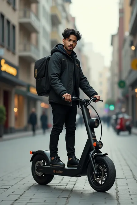 Image of a boy on a forward-facing e-scooter with a gasoline engine at the back, two wheels, one in front and one in the back, with a round lamp on the handlebars the vintage black skateboard,the boy short black hair and black beard, White skin color , and...