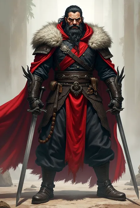 Make an image of a half-beast human guardian in medieval times 1,85 tall and about 85kg with a black and red outfit that makes him agile when moving and let him hold two swords and make him have an athletic physique, leave him with a serious face and a bra...