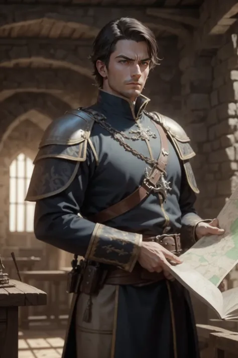 Create an image of a man in a medieval fortress command room, in a leadership and protective posture, surrounded by maps and strategic plans. The man should have short dark hair and a responsible expression. The environment should be imposing, with details...