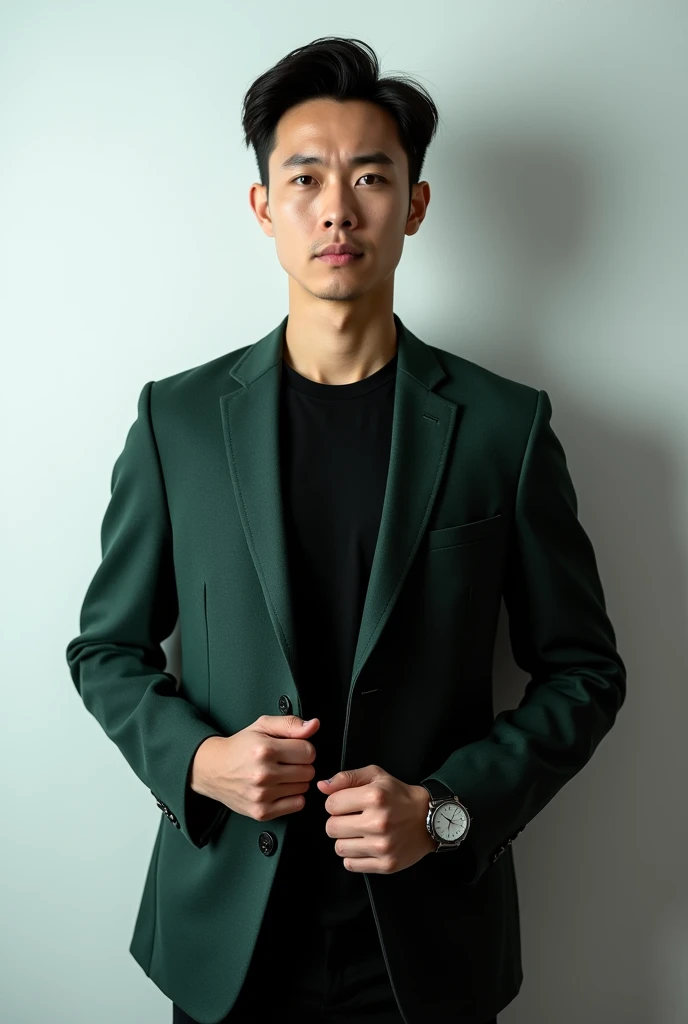 Create the realistic photo of a young asian man in a formal attire. He is standing in front of a white wall and is wearing a dark green blazer with a black shirt underneath. He has a watch on his left wrist and is adjusting his jacket with his right hand. ...