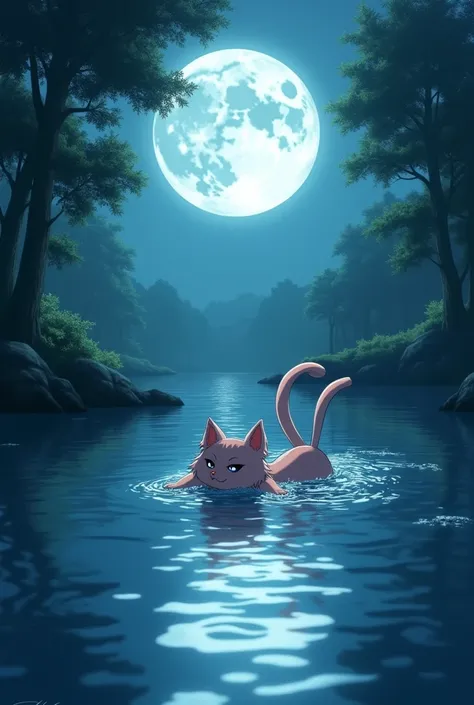 Kirara of Inuyasha, swimming in a river with a full moon 